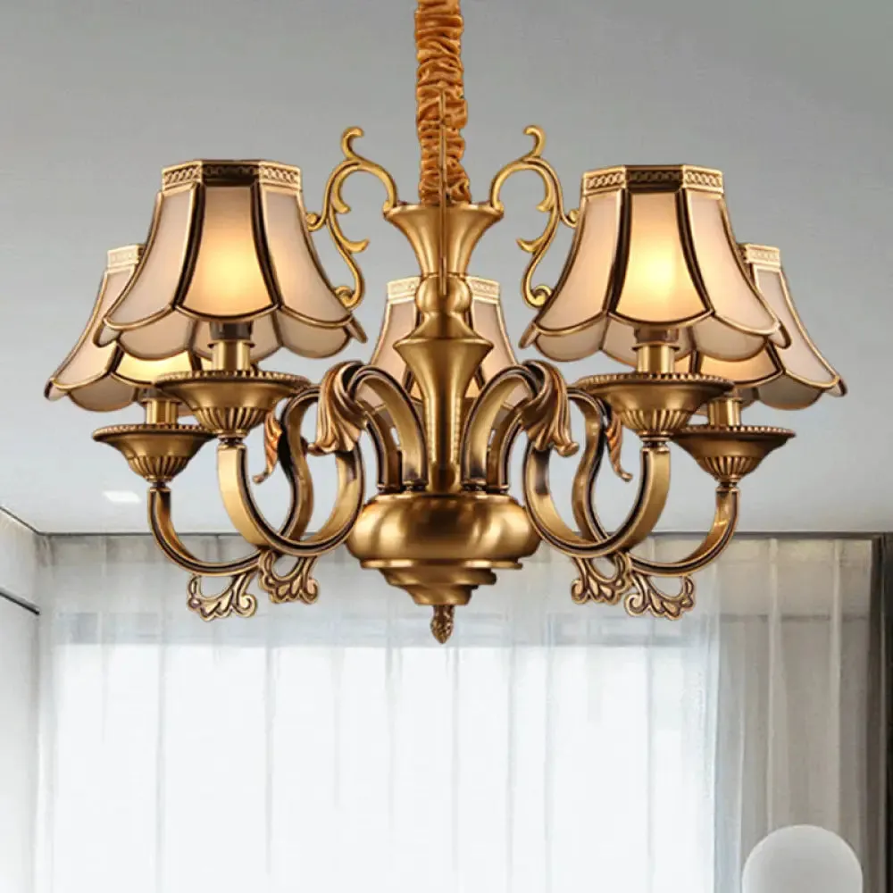 Gold Frosted Glass Pendant Chandelier with Scalloped Design and Colonial Styling - 3/5/6 Bulbs, Suspended Lighting Fixture