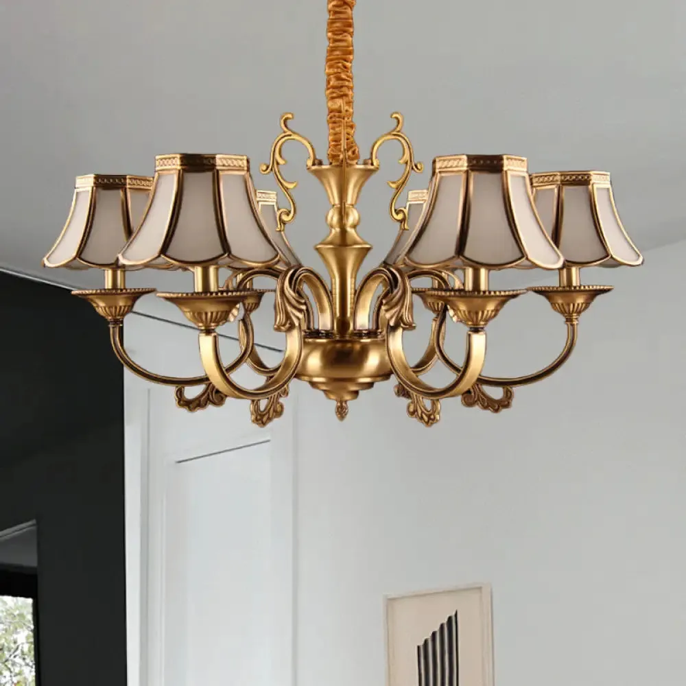 Gold Frosted Glass Pendant Chandelier with Scalloped Design and Colonial Styling - 3/5/6 Bulbs, Suspended Lighting Fixture