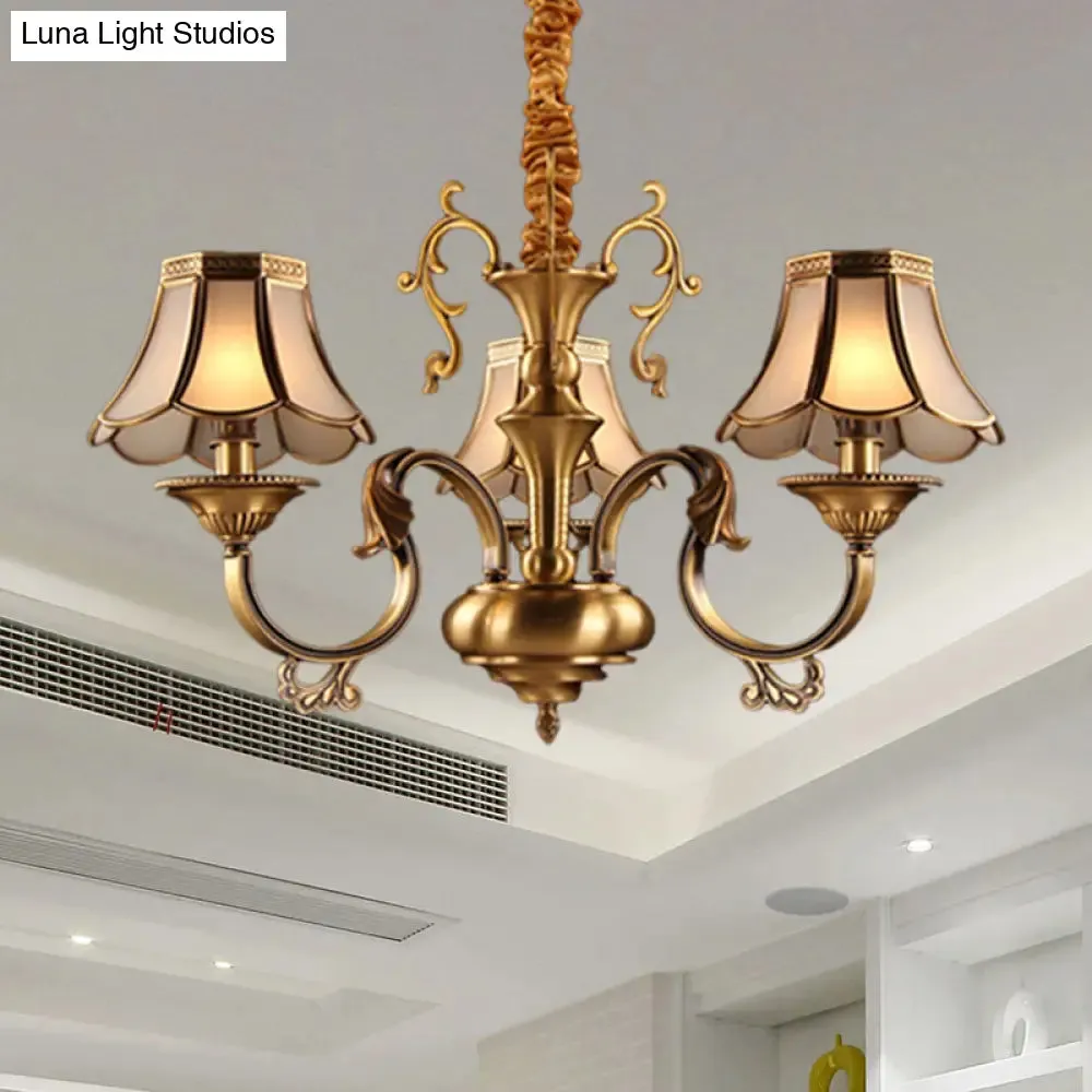 Gold Frosted Glass Pendant Chandelier with Scalloped Design and Colonial Styling - 3/5/6 Bulbs, Suspended Lighting Fixture