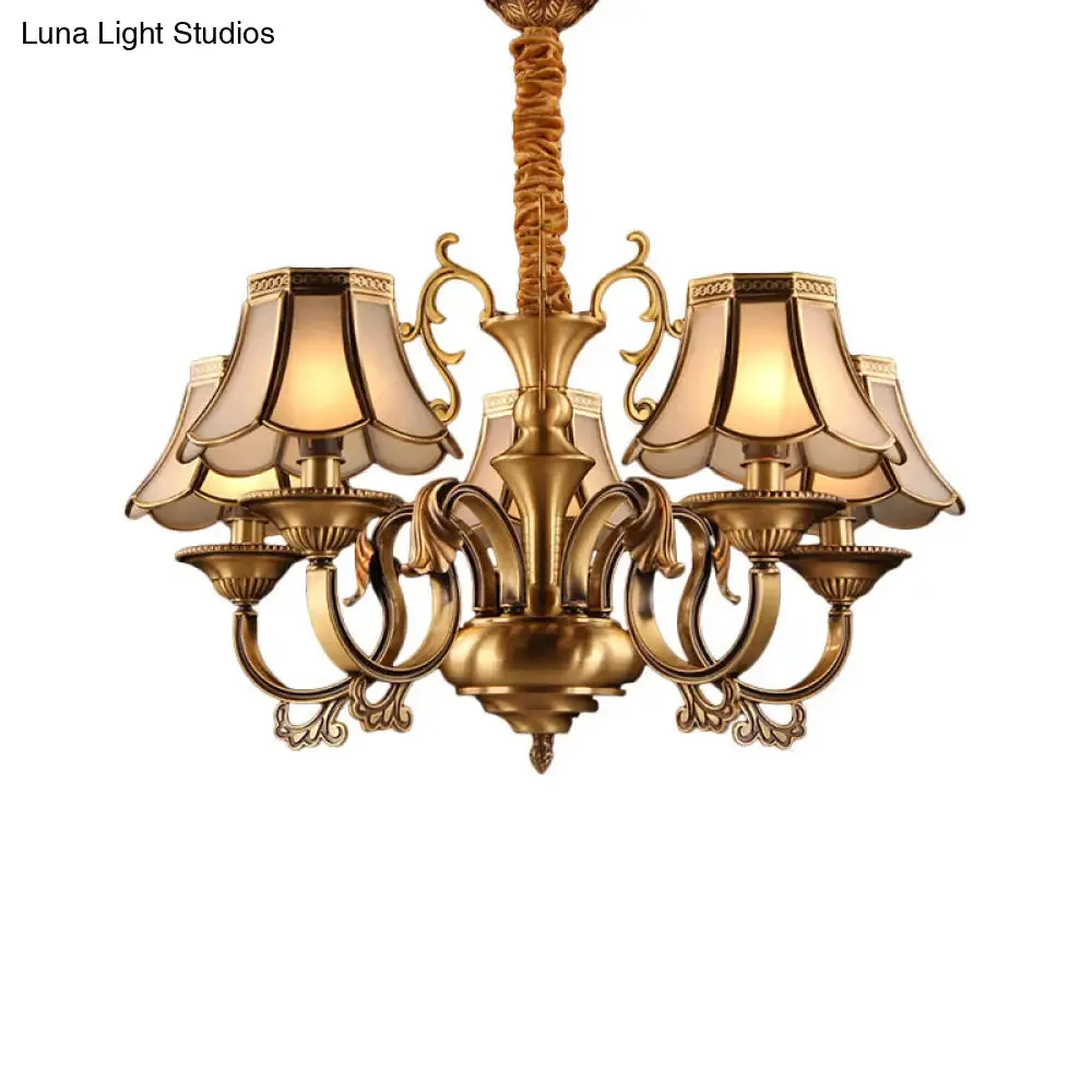 Gold Frosted Glass Pendant Chandelier with Scalloped Design and Colonial Styling - 3/5/6 Bulbs, Suspended Lighting Fixture