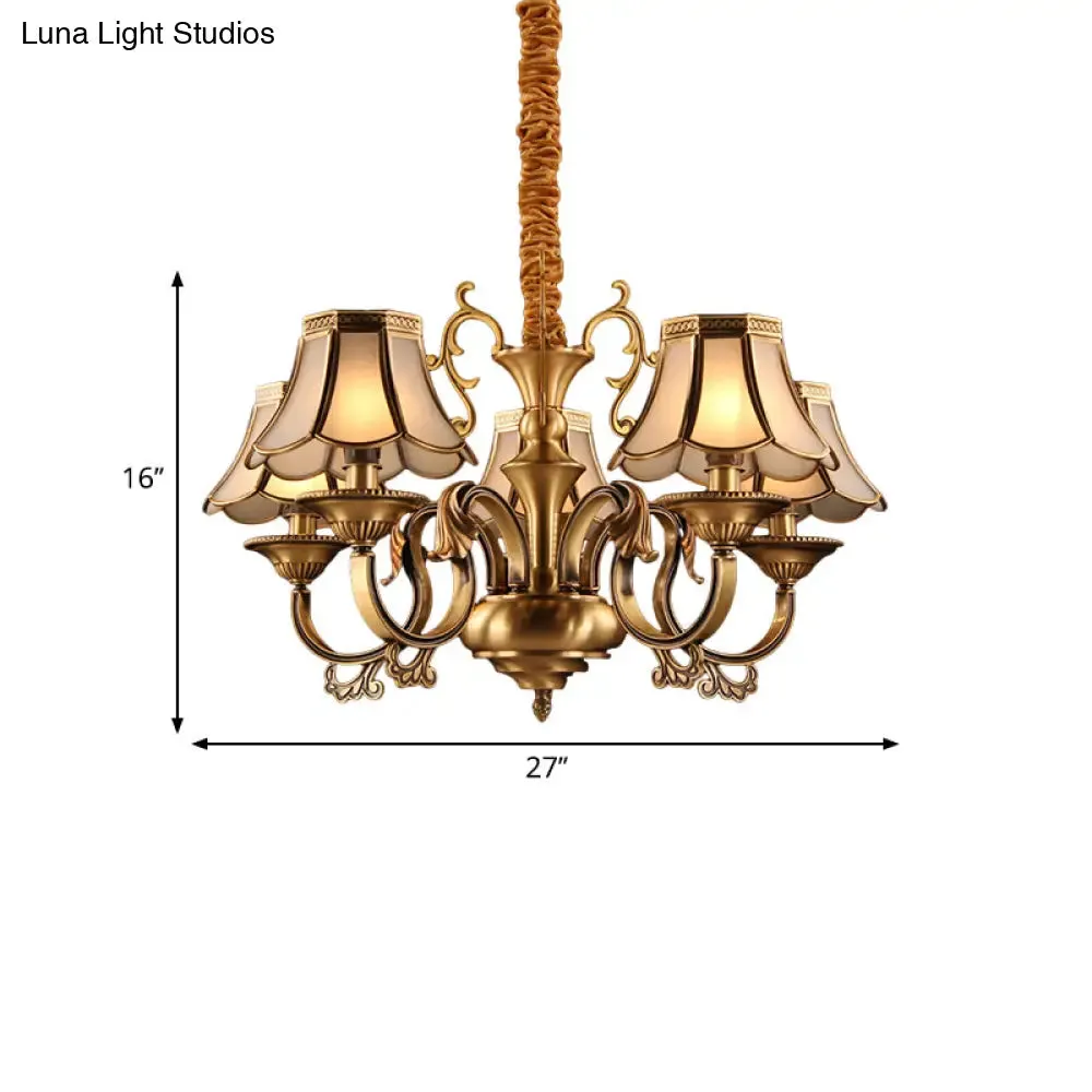 Gold Frosted Glass Pendant Chandelier with Scalloped Design and Colonial Styling - 3/5/6 Bulbs, Suspended Lighting Fixture