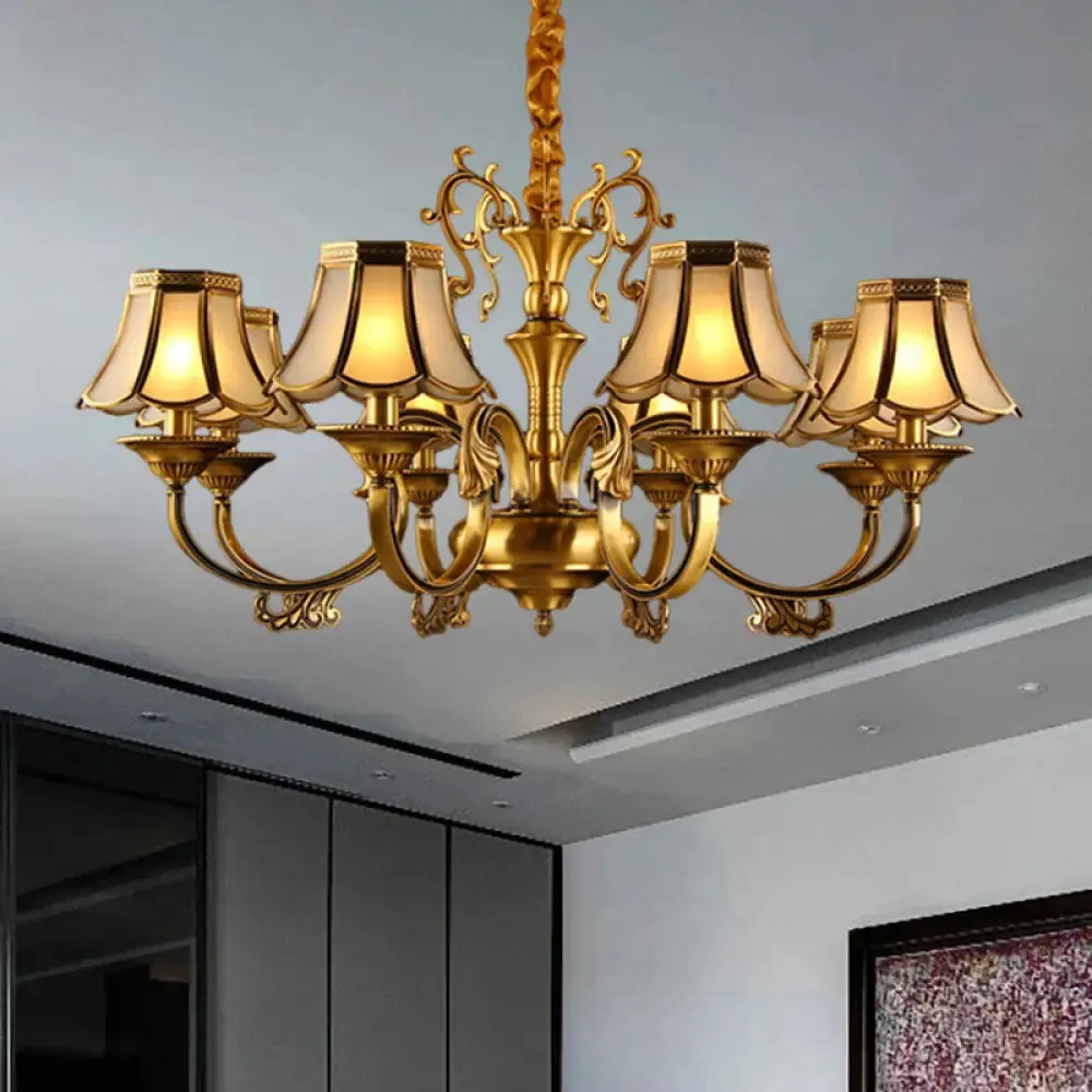 Gold Frosted Glass Pendant Chandelier with Scalloped Design and Colonial Styling - 3/5/6 Bulbs, Suspended Lighting Fixture