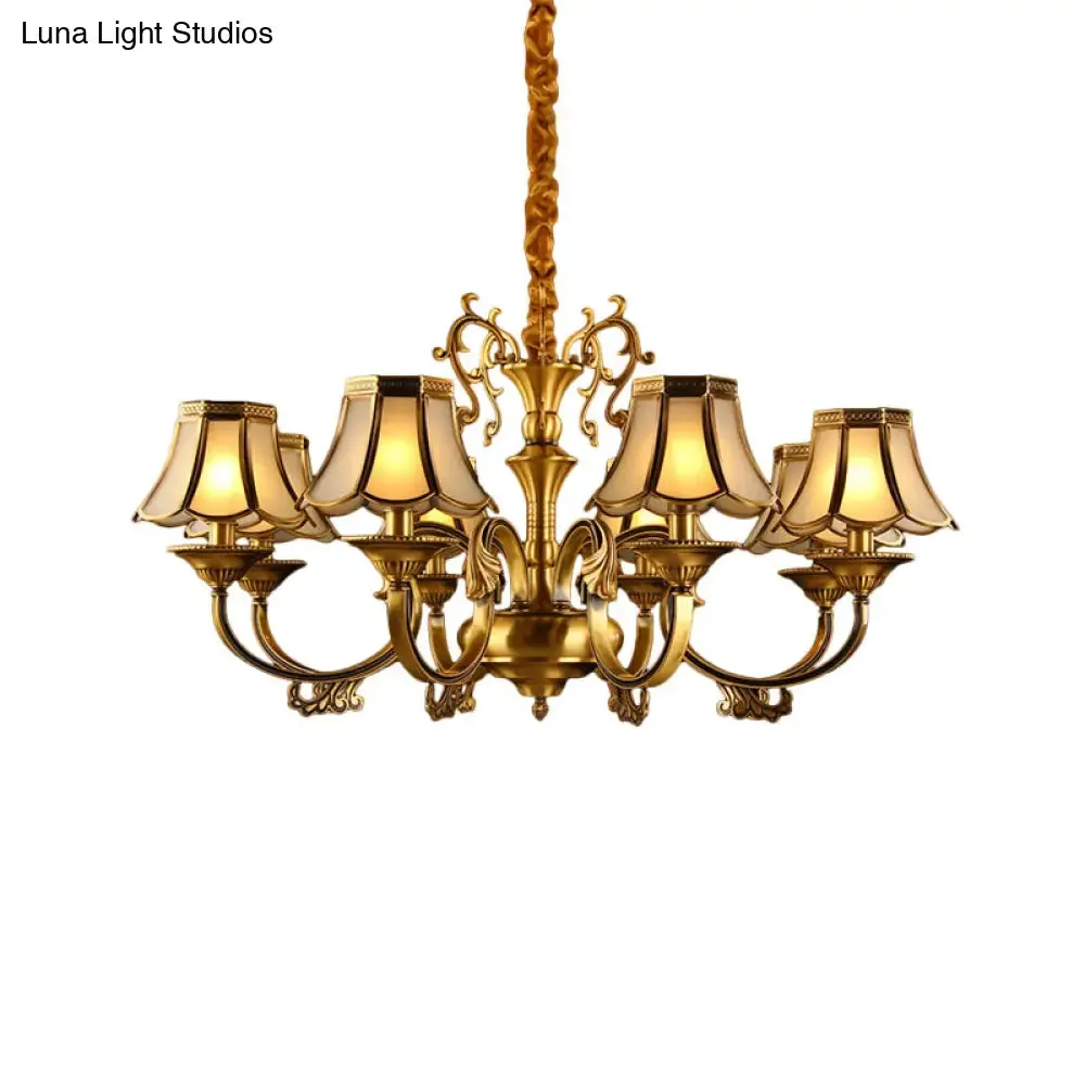 Gold Frosted Glass Pendant Chandelier with Scalloped Design and Colonial Styling - 3/5/6 Bulbs, Suspended Lighting Fixture