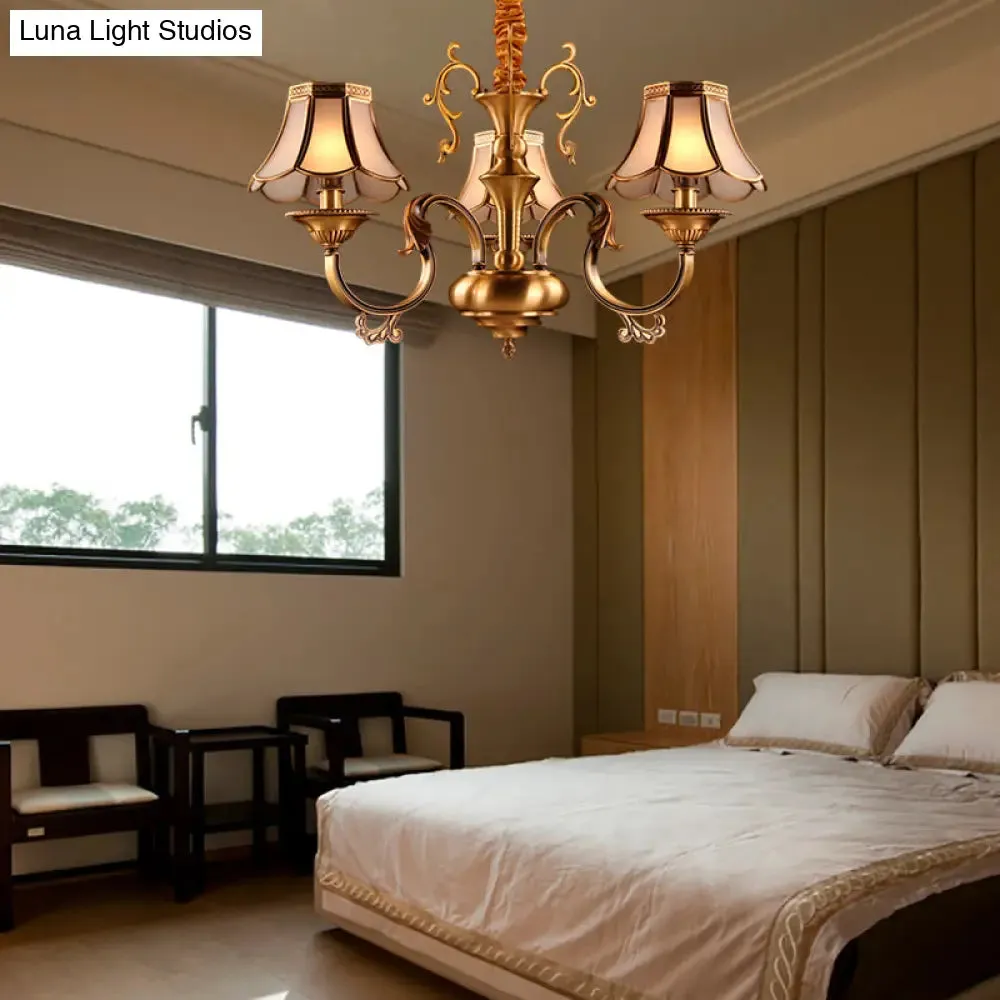 Gold Frosted Glass Pendant Chandelier with Scalloped Design and Colonial Styling - 3/5/6 Bulbs, Suspended Lighting Fixture