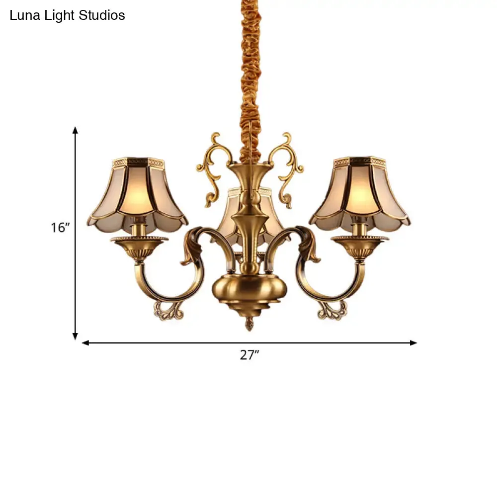 Gold Frosted Glass Pendant Chandelier with Scalloped Design and Colonial Styling - 3/5/6 Bulbs, Suspended Lighting Fixture