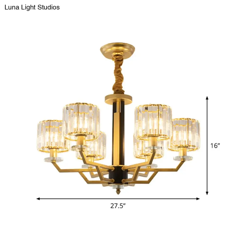 Gold Modernist Chandelier with Hand-Cut Crystal Cylindrical Pendant Lights - 3/6 Lights for bedrooms