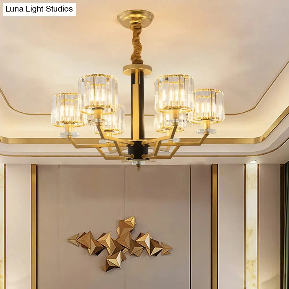 Gold Modernist Chandelier with Hand-Cut Crystal Cylindrical Pendant Lights - 3/6 Lights for bedrooms