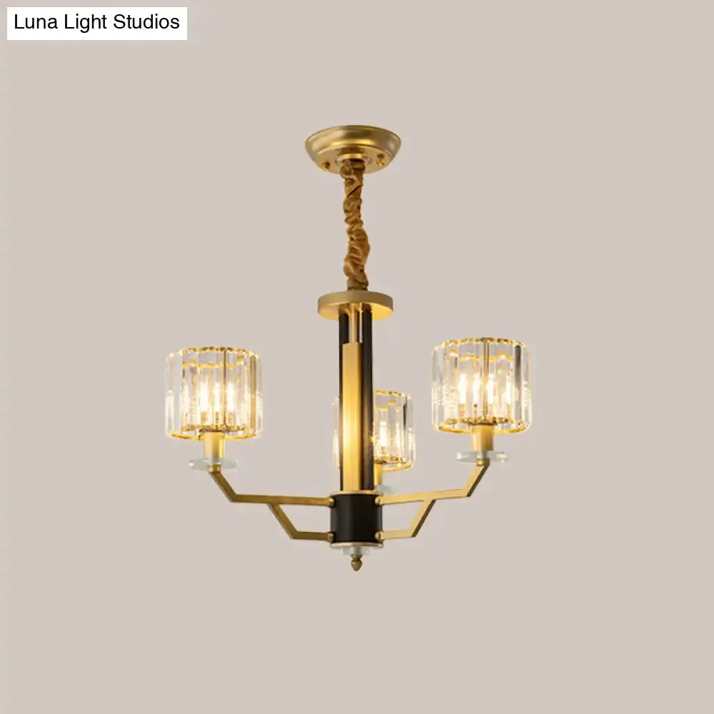 Gold Modernist Chandelier with Hand-Cut Crystal Cylindrical Pendant Lights - 3/6 Lights for bedrooms