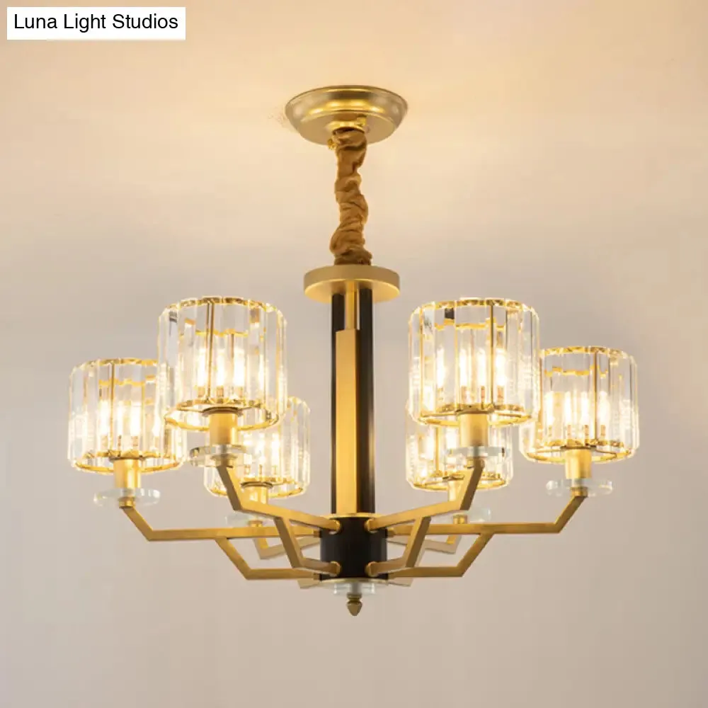 Gold Modernist Chandelier with Hand-Cut Crystal Cylindrical Pendant Lights - 3/6 Lights for bedrooms