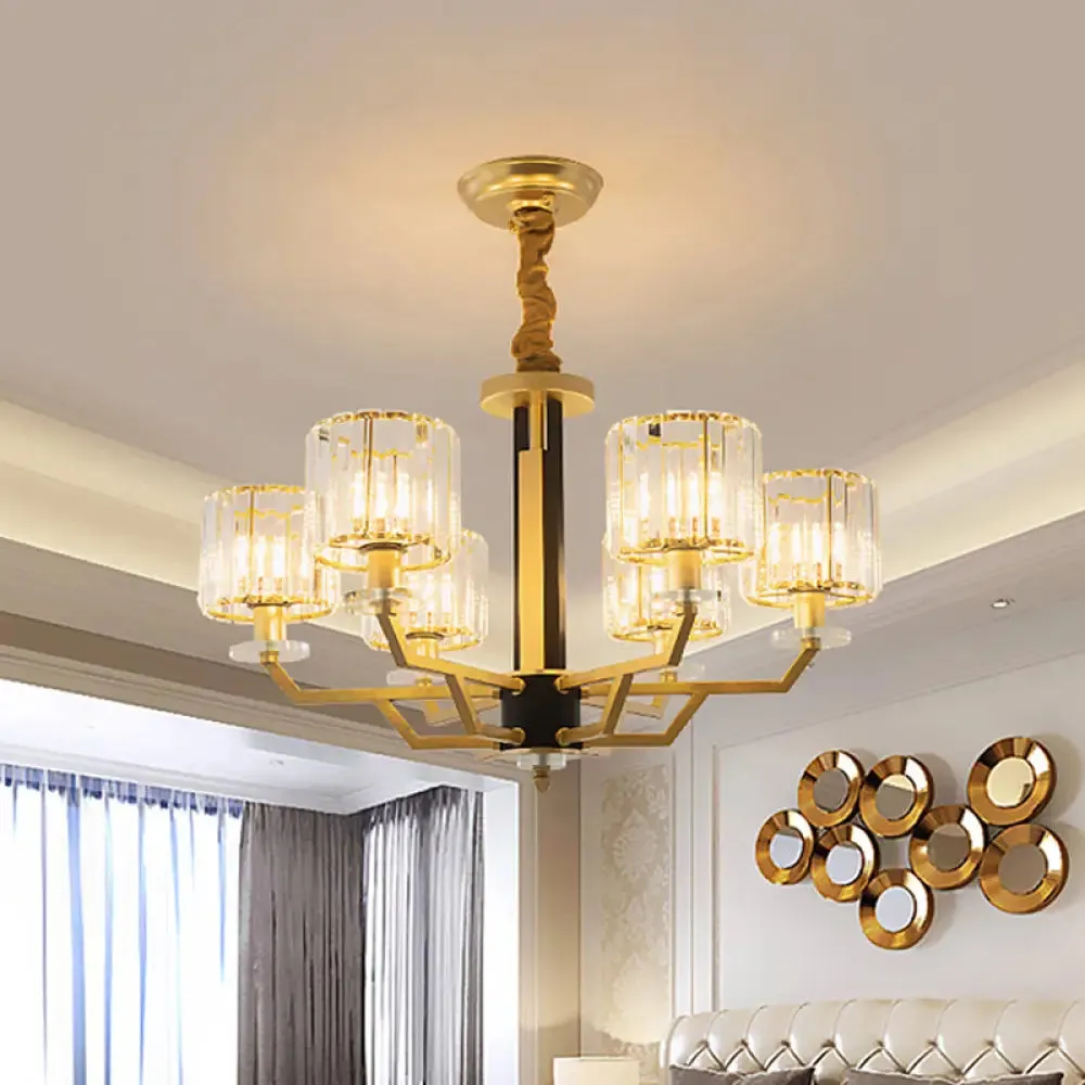 Gold Modernist Chandelier with Hand-Cut Crystal Cylindrical Pendant Lights - 3/6 Lights for bedrooms