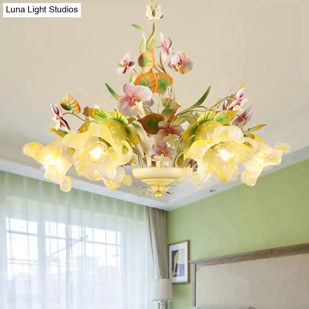 Green Korean Garden Flower Ceiling Chandelier with White Glass Pendant Light