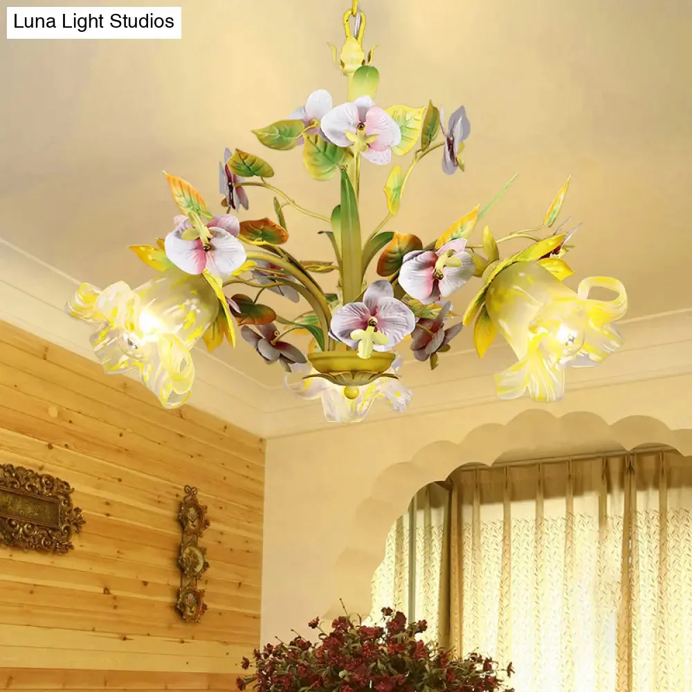 Green Korean Garden Flower Ceiling Chandelier with White Glass Pendant Light