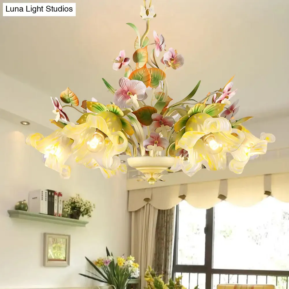 Green Korean Garden Flower Ceiling Chandelier with White Glass Pendant Light