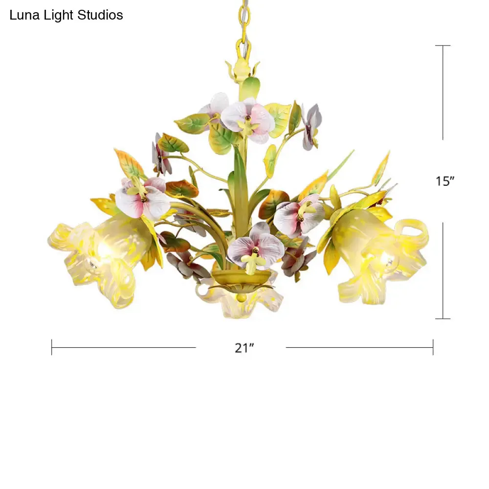 Green Korean Garden Flower Ceiling Chandelier with White Glass Pendant Light