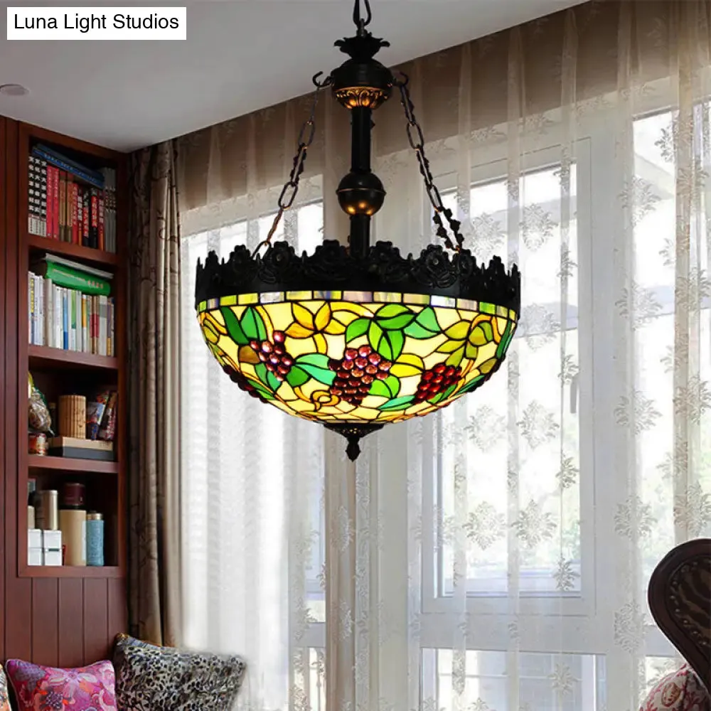 Green Tiffany Stained Glass Chandelier with 3 Lights - Grape Design Pendant for Living Room