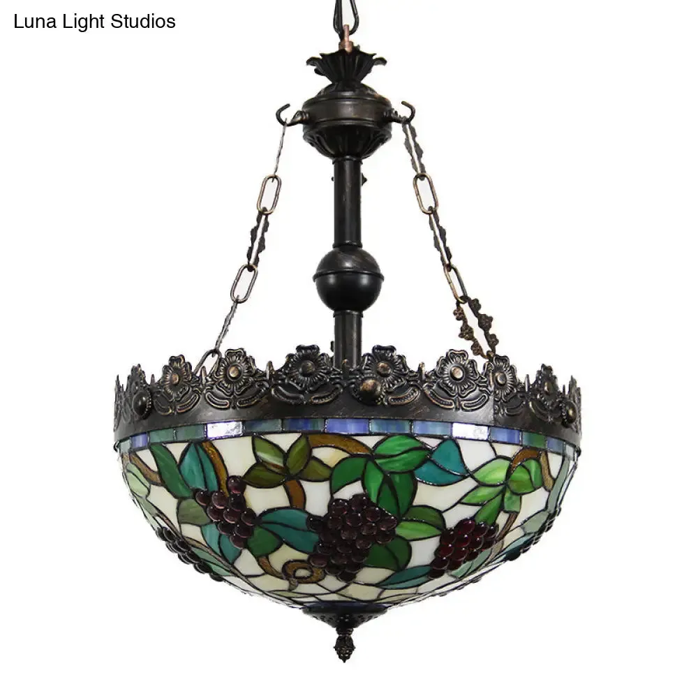 Green Tiffany Stained Glass Chandelier with 3 Lights - Grape Design Pendant for Living Room