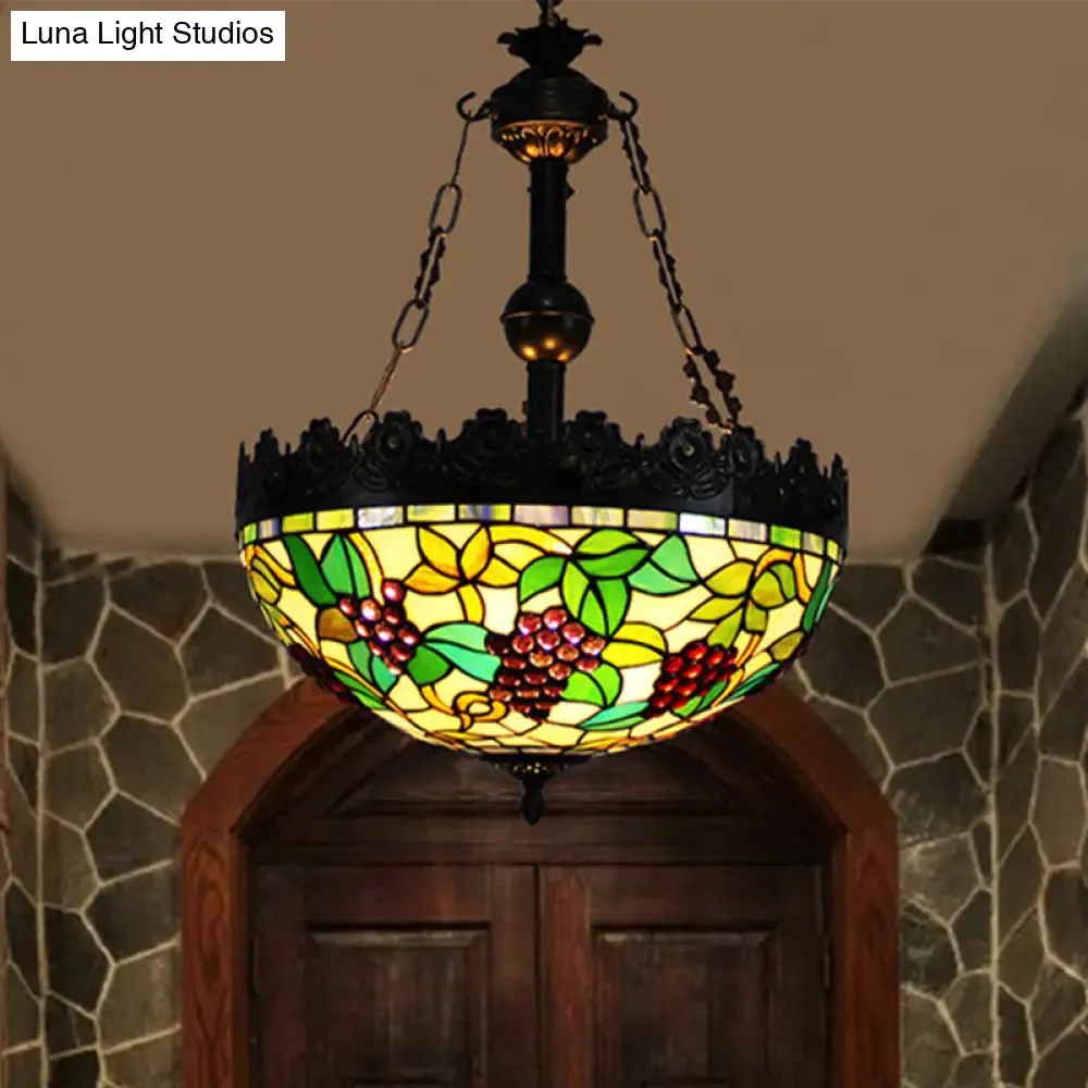 Green Tiffany Stained Glass Chandelier with 3 Lights - Grape Design Pendant for Living Room