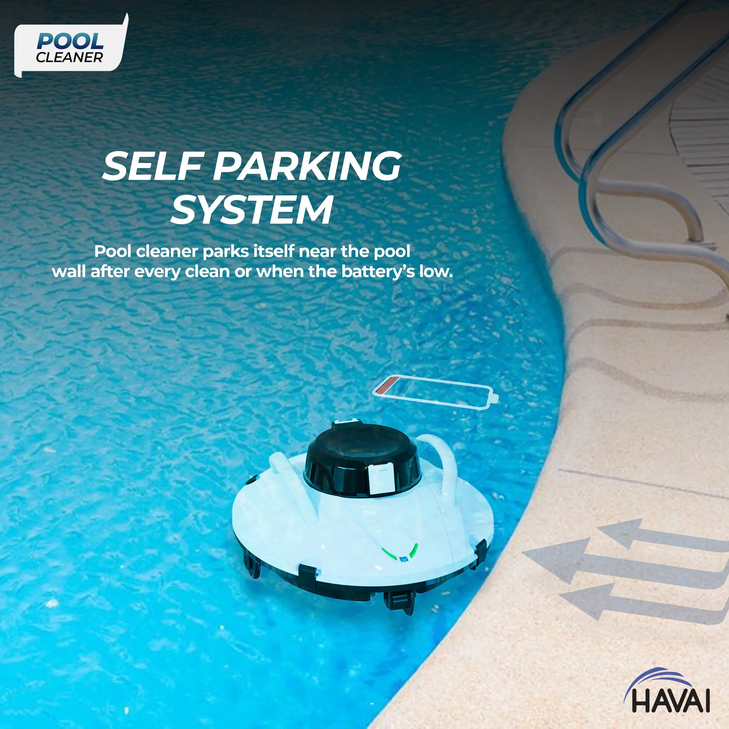 HAVAI Cordless Pool Cleaner - 30W Power, Dual Motor, 4-Wheel Robotic Pool Vacuum with Bottom Scrapers - Ideal for Cleaning Pool Floors and Removing Dirt Easily, 1 Year Warranty