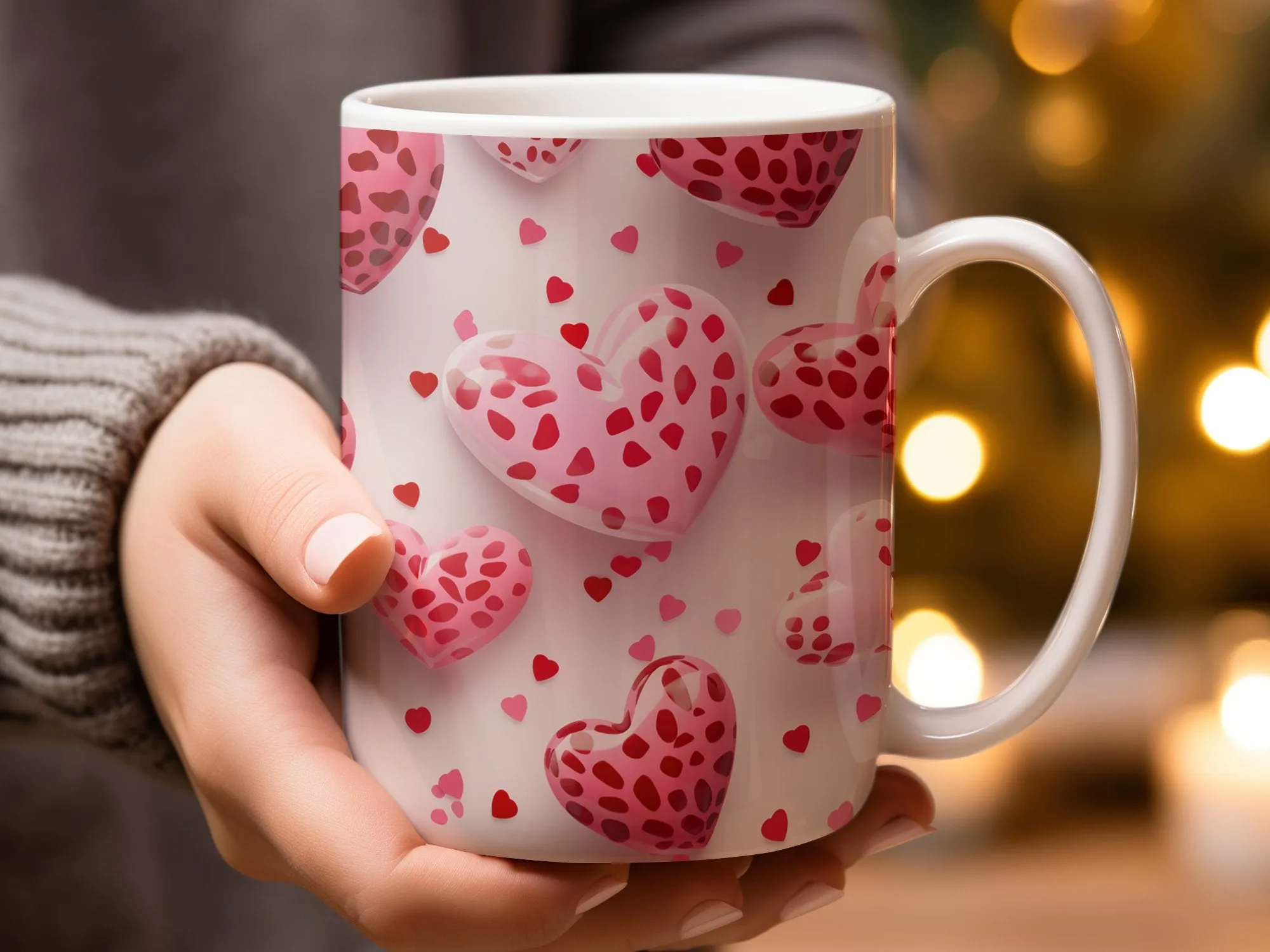 Heart Pattern Mug, Love and Affection Coffee Cup, Romantic Gift, Valentine's Day Present, Pink and Red Hearts Design