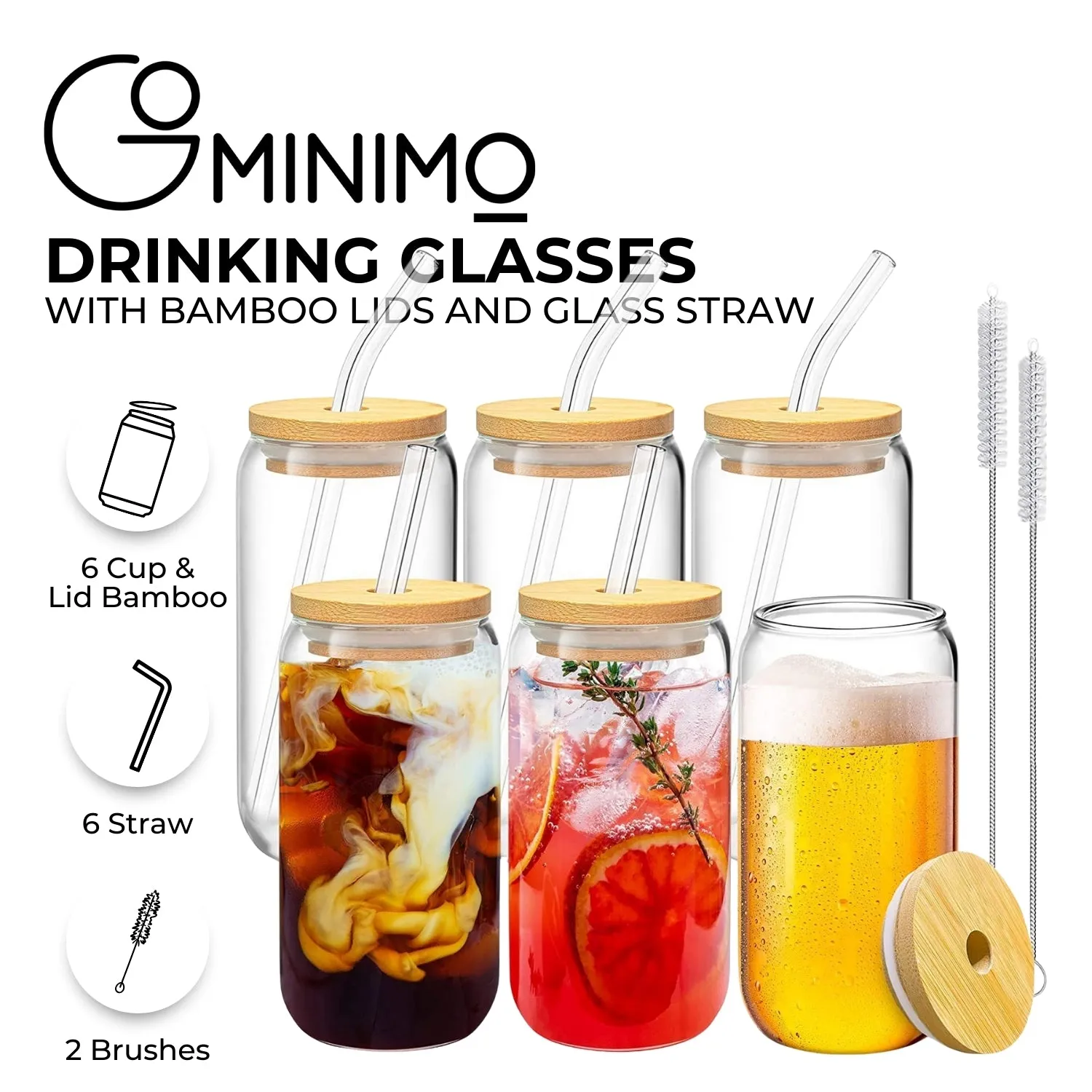 Heat Resistant Clear Glasses Set with Bamboo Lids & Straws 16oz GOMINIMO