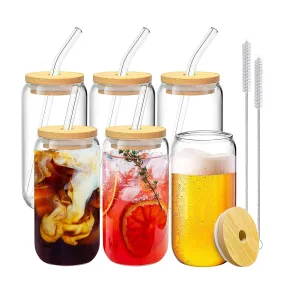 Heat Resistant Clear Glasses Set with Bamboo Lids & Straws 16oz GOMINIMO