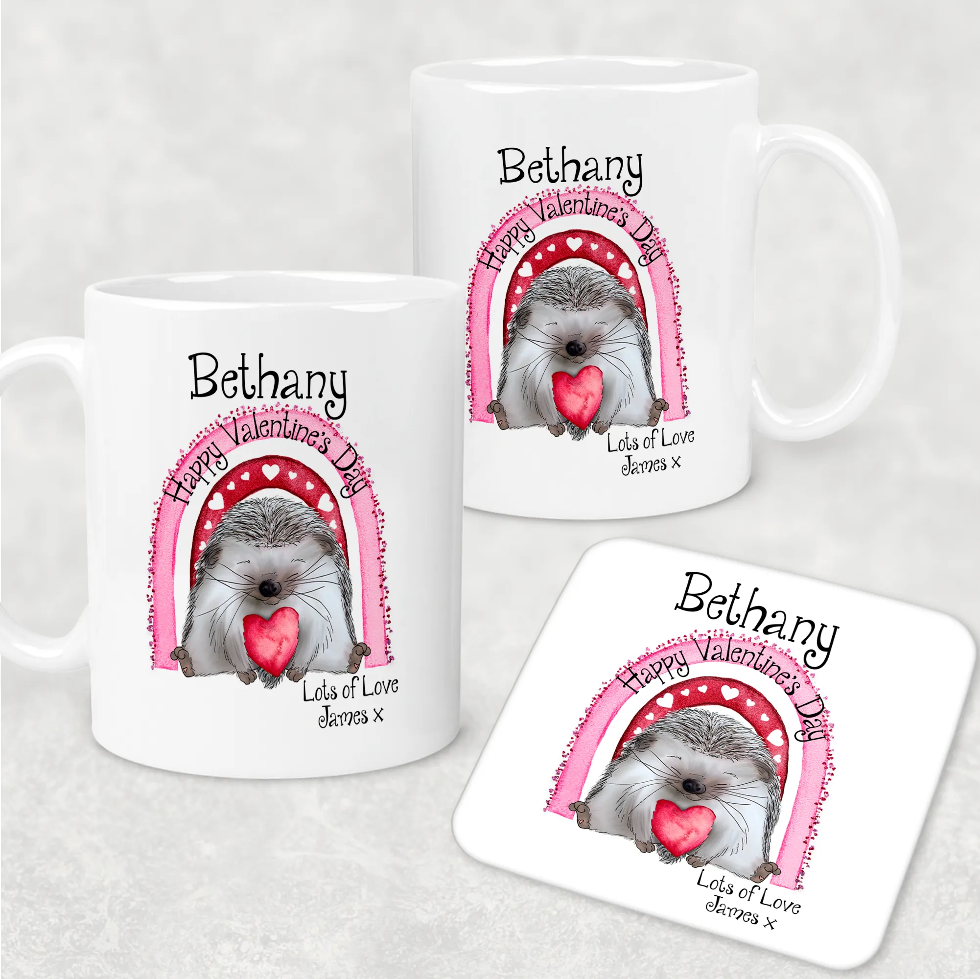 Hedgehug Valentine's Day Personalised Mug and Coaster Set