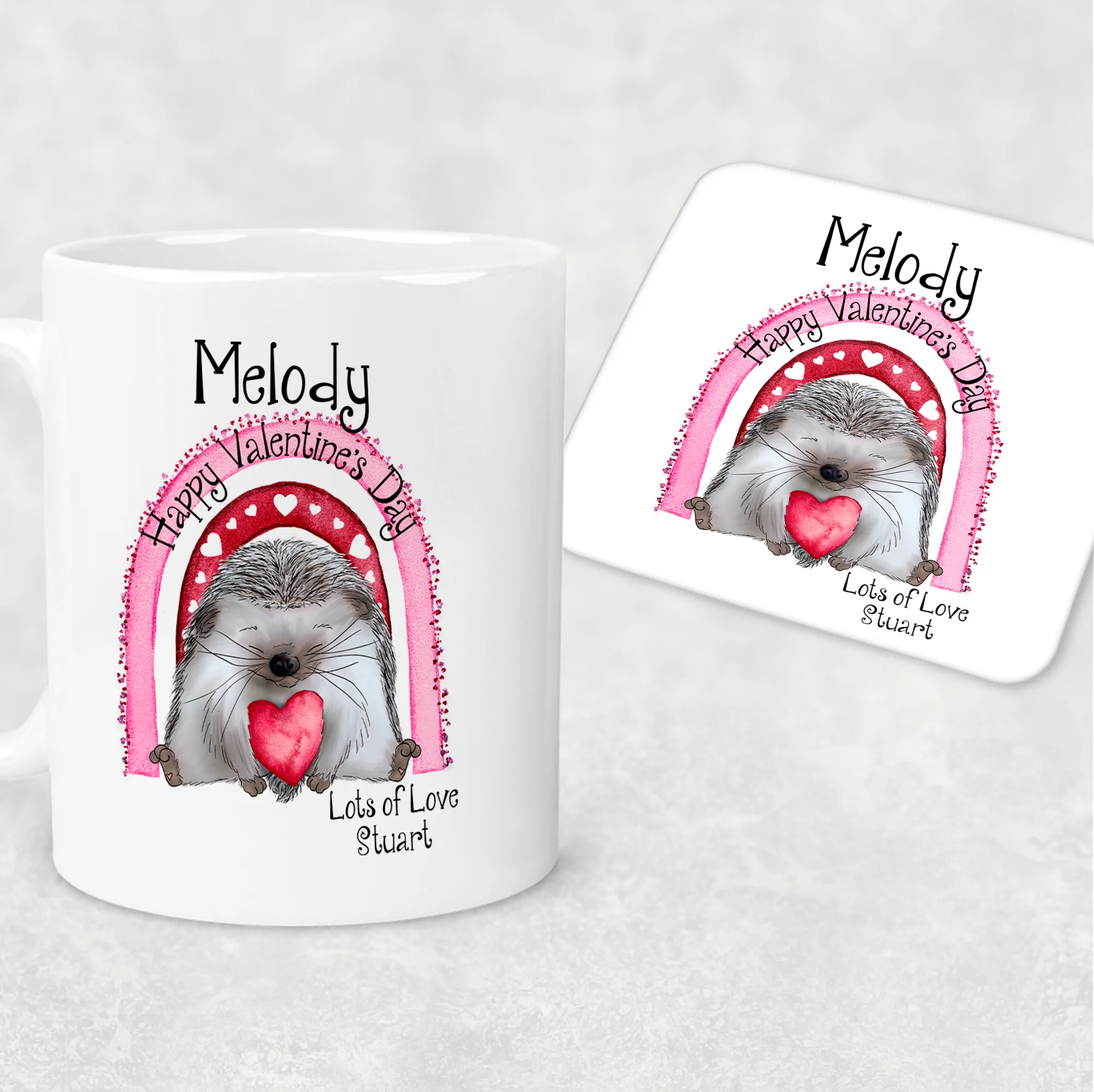 Hedgehug Valentine's Day Personalised Mug and Coaster Set