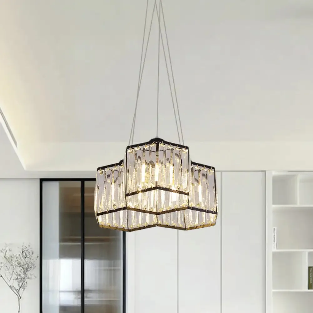 Hexagon Clear K9 Crystal Chandelier with 3/4 Pendant Lights, Elegant Black Ceiling Fixture