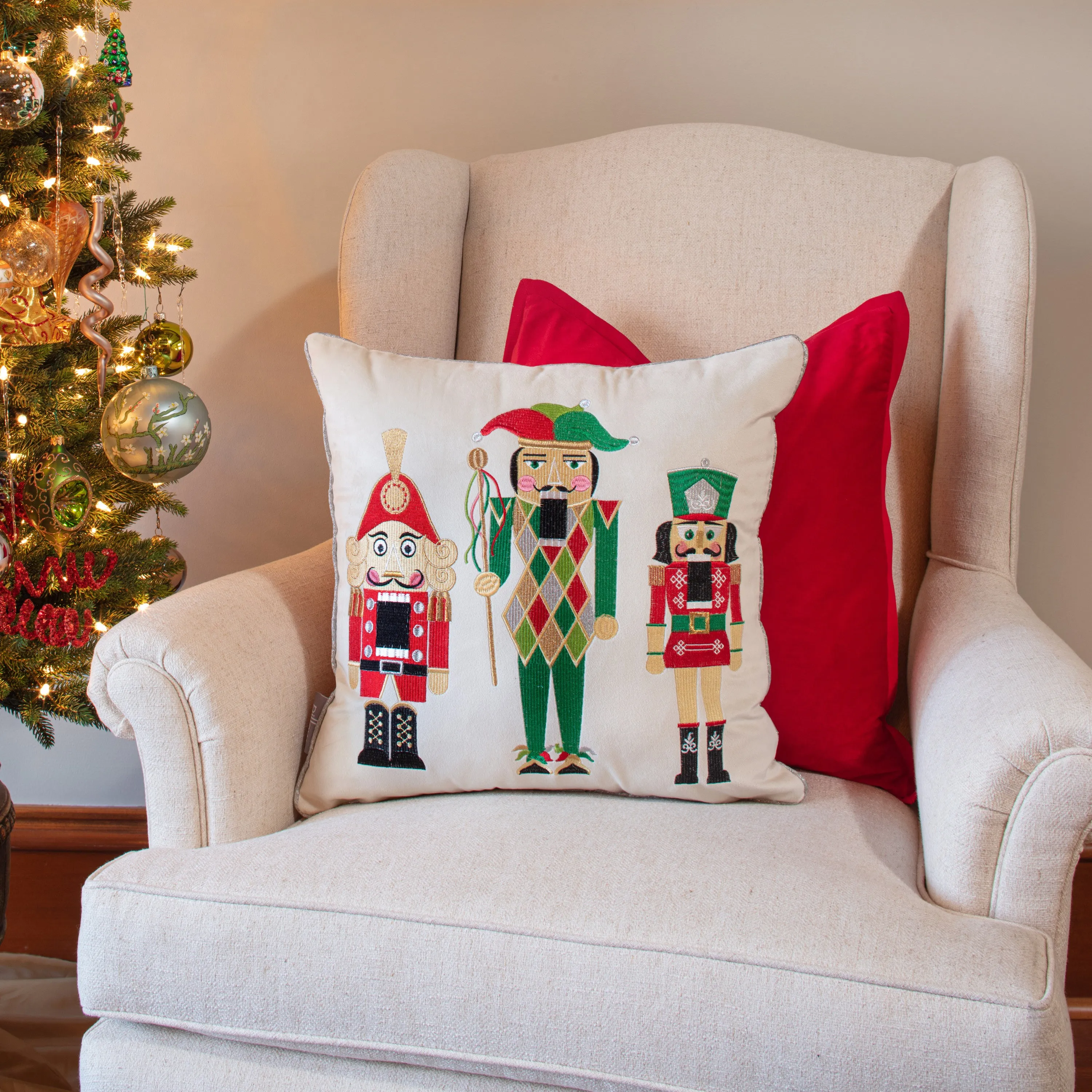 Indoor Christmas Velvet Nutcrackers Multi 17-inch Throw Pillow Cover