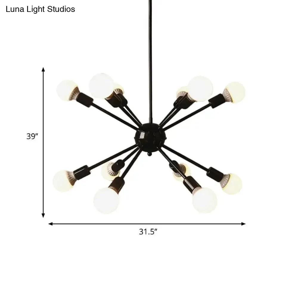 Industrial Black Starburst Chandelier Lighting - 12 Bulbs, Adjustable Cord - Ideal for Restaurants