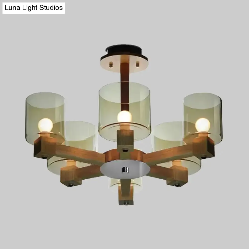 Industrial Wood Cylinder Chandelier with Radial Design - 4/6/8 Lights, Amber Glass Hanging Pendant Lamp