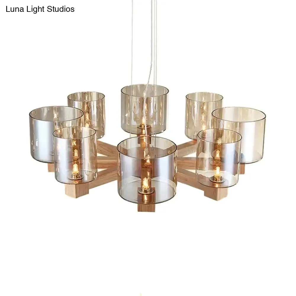 Industrial Wood Cylinder Chandelier with Radial Design - 4/6/8 Lights, Amber Glass Hanging Pendant Lamp