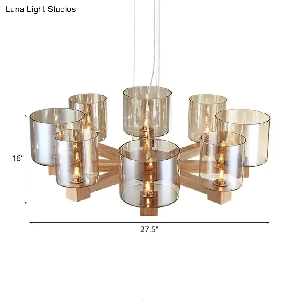 Industrial Wood Cylinder Chandelier with Radial Design - 4/6/8 Lights, Amber Glass Hanging Pendant Lamp