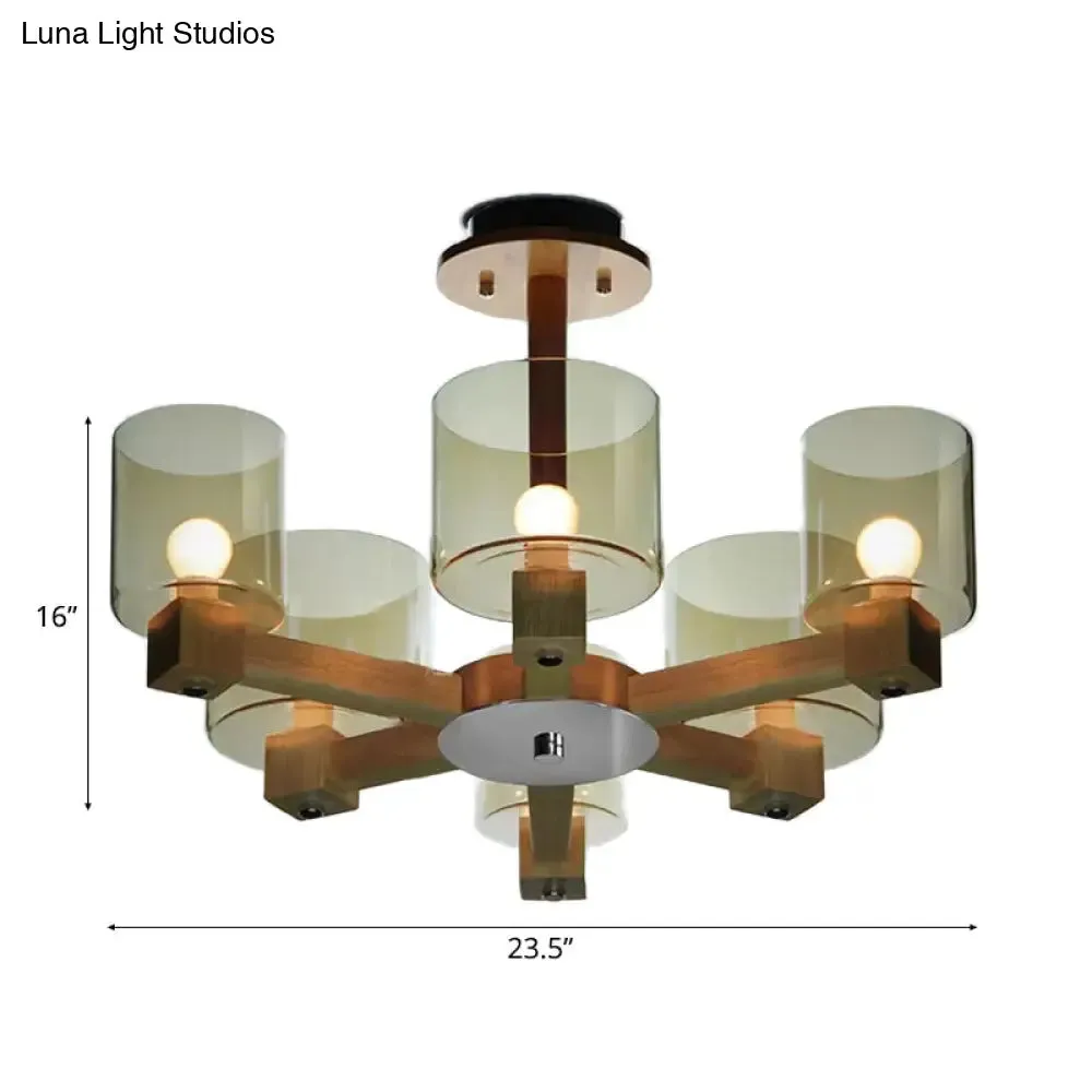 Industrial Wood Cylinder Chandelier with Radial Design - 4/6/8 Lights, Amber Glass Hanging Pendant Lamp