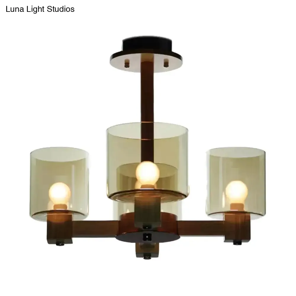 Industrial Wood Cylinder Chandelier with Radial Design - 4/6/8 Lights, Amber Glass Hanging Pendant Lamp