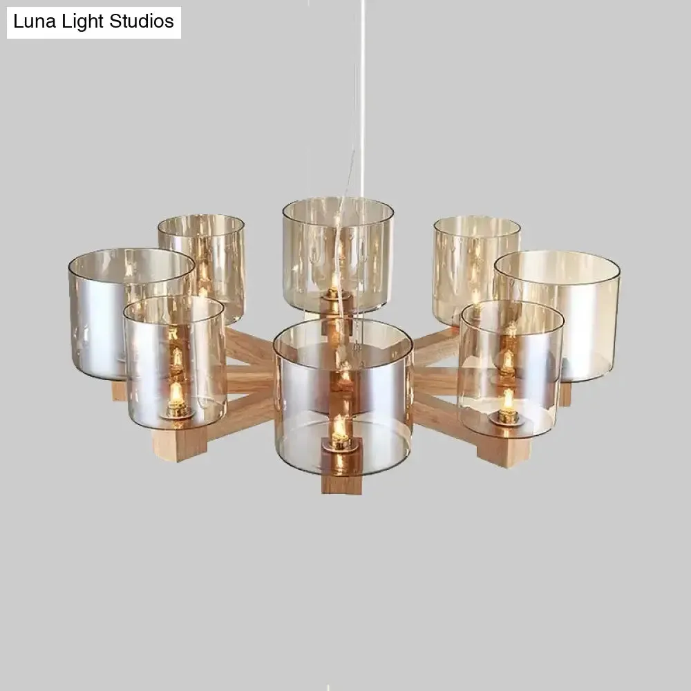 Industrial Wood Cylinder Chandelier with Radial Design - 4/6/8 Lights, Amber Glass Hanging Pendant Lamp