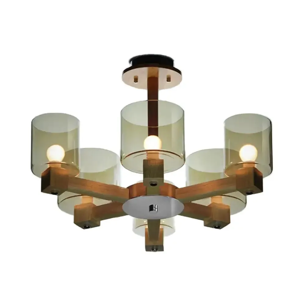 Industrial Wood Cylinder Chandelier with Radial Design - 4/6/8 Lights, Amber Glass Hanging Pendant Lamp