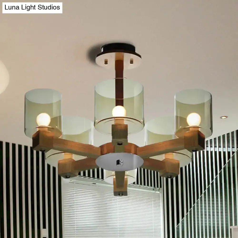 Industrial Wood Cylinder Chandelier with Radial Design - 4/6/8 Lights, Amber Glass Hanging Pendant Lamp