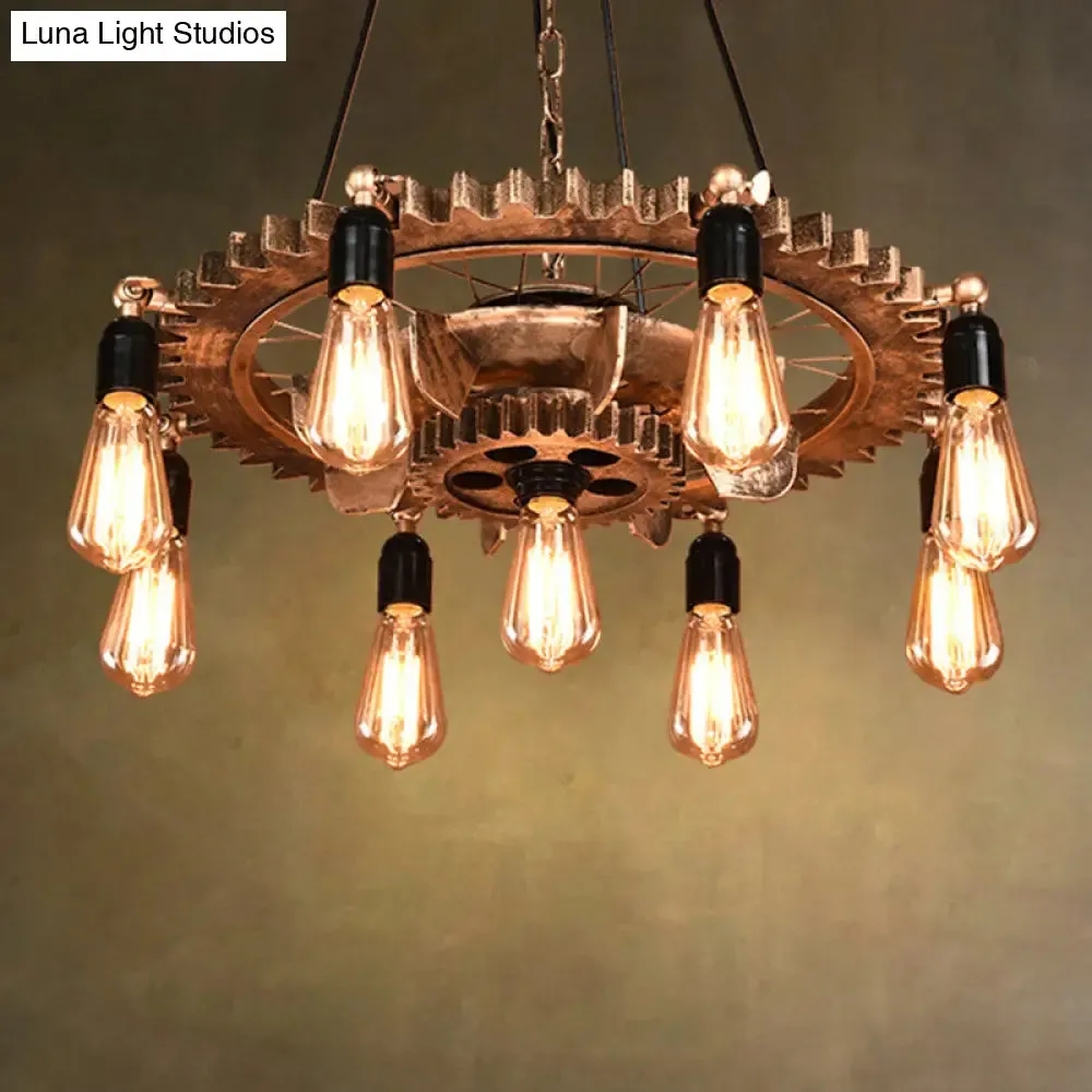 Iron Gear 9-Head Pendant Chandelier for Restaurant Kitchen Table - Industrial Style Light Fixture