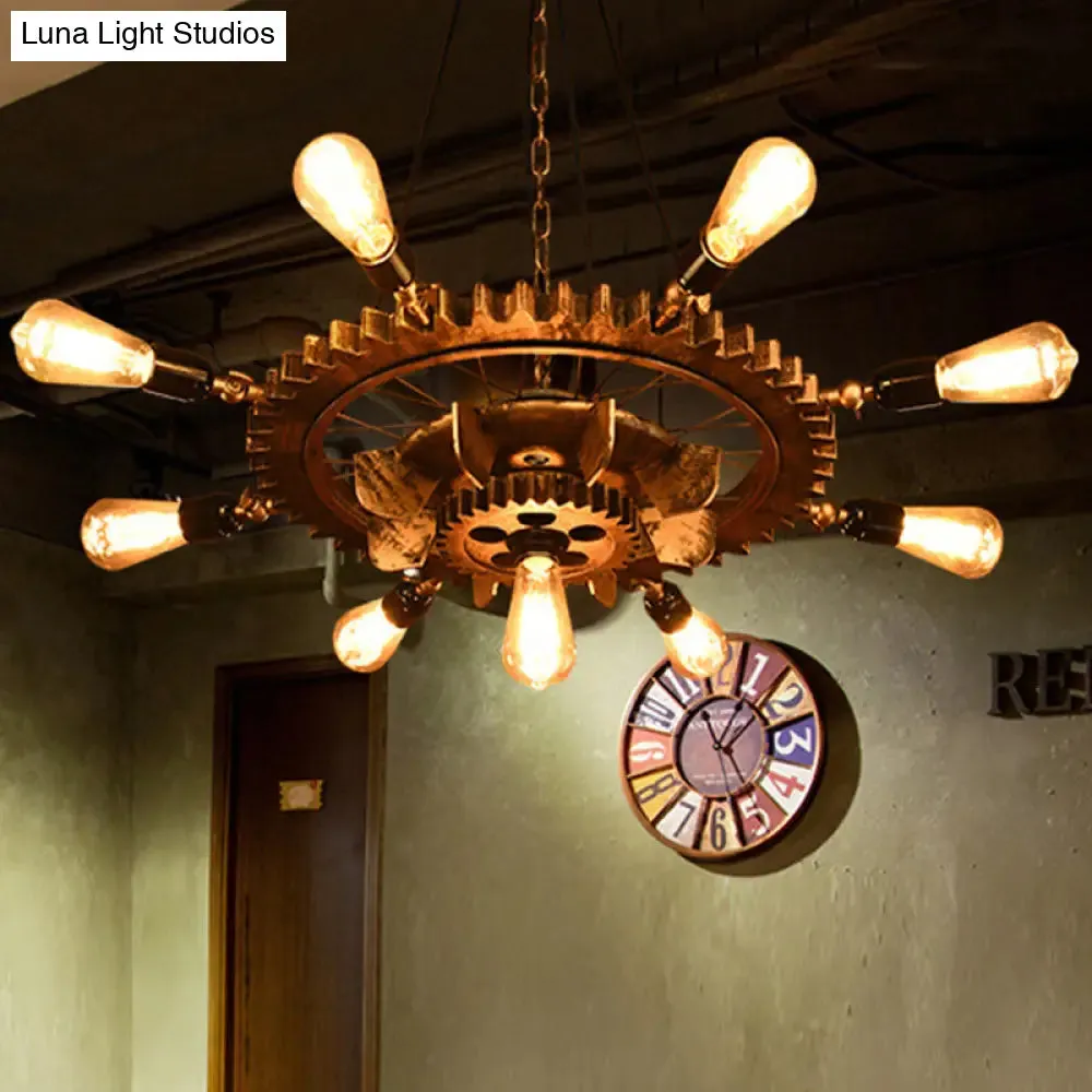 Iron Gear 9-Head Pendant Chandelier for Restaurant Kitchen Table - Industrial Style Light Fixture