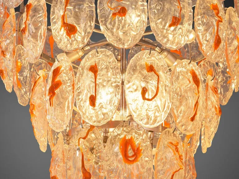 Italian Chandelier in Structured Glass with Orange Detailing