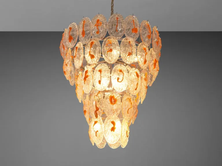 Italian Chandelier in Structured Glass with Orange Detailing