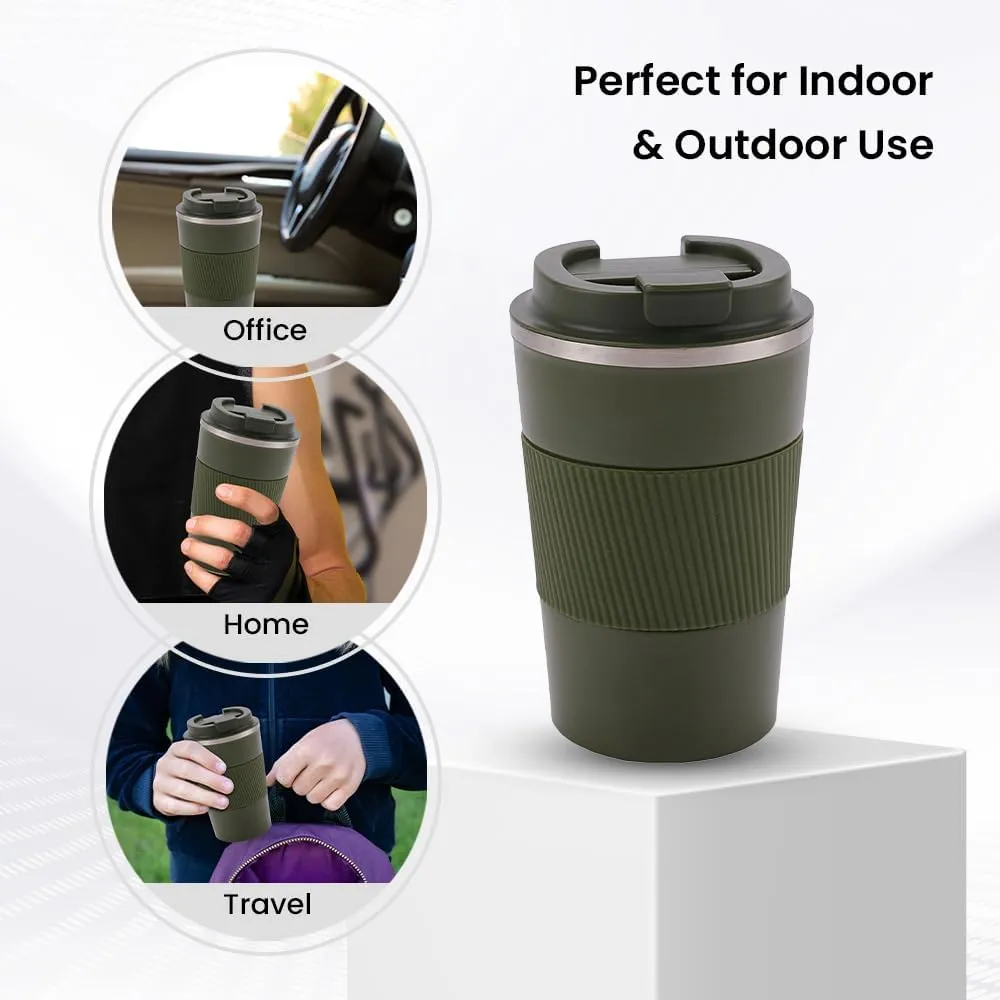 Kuber Industries Stainless Steel Insulated Coffee Mug with Sleeve|Travel Coffee Mug 380 ML-Pack of 2|Green|