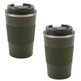 Kuber Industries Stainless Steel Insulated Coffee Mug with Sleeve|Travel Coffee Mug 380 ML-Pack of 2|Green|