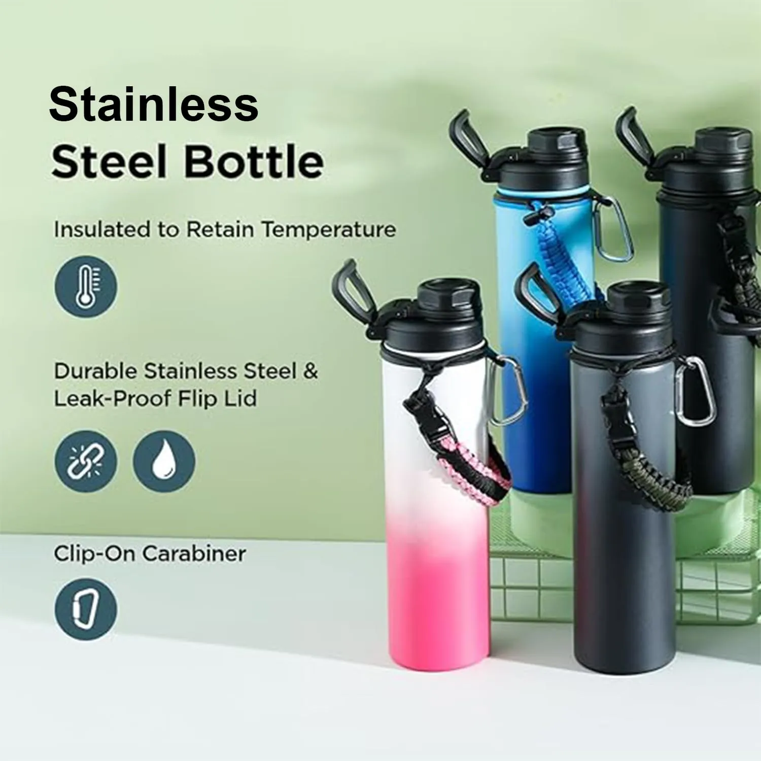 Kuber Industries Water Bottle | Steel Water Bottle for Daily Use | Vacuum Insulated Flask Water Bottle with Rope | Hot & Cold Water Bottle | 720 ML | LX-230601 | Pack of 3 | Black