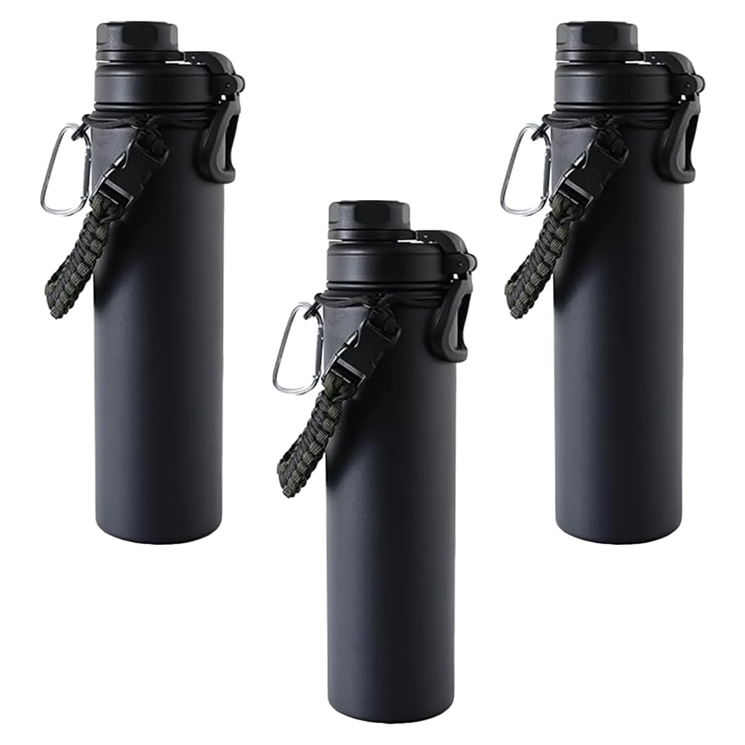 Kuber Industries Water Bottle | Steel Water Bottle for Daily Use | Vacuum Insulated Flask Water Bottle with Rope | Hot & Cold Water Bottle | 720 ML | LX-230601 | Pack of 3 | Black