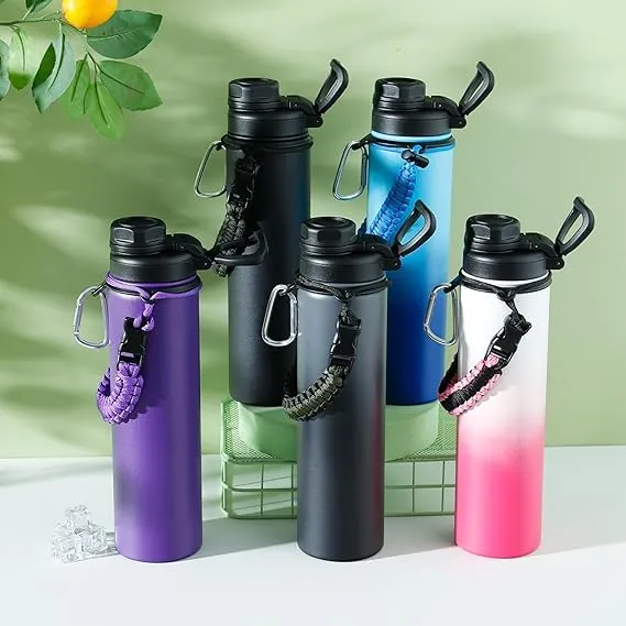 Kuber Industries Water Bottle | Steel Water Bottle for Daily Use | Vacuum Insulated Flask Water Bottle with Rope | Hot & Cold Water Bottle | 720 ML | LX-230601 | Pack of 3 | Black