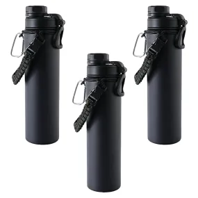 Kuber Industries Water Bottle | Steel Water Bottle for Daily Use | Vacuum Insulated Flask Water Bottle with Rope | Hot & Cold Water Bottle | 720 ML | LX-230601 | Pack of 3 | Black