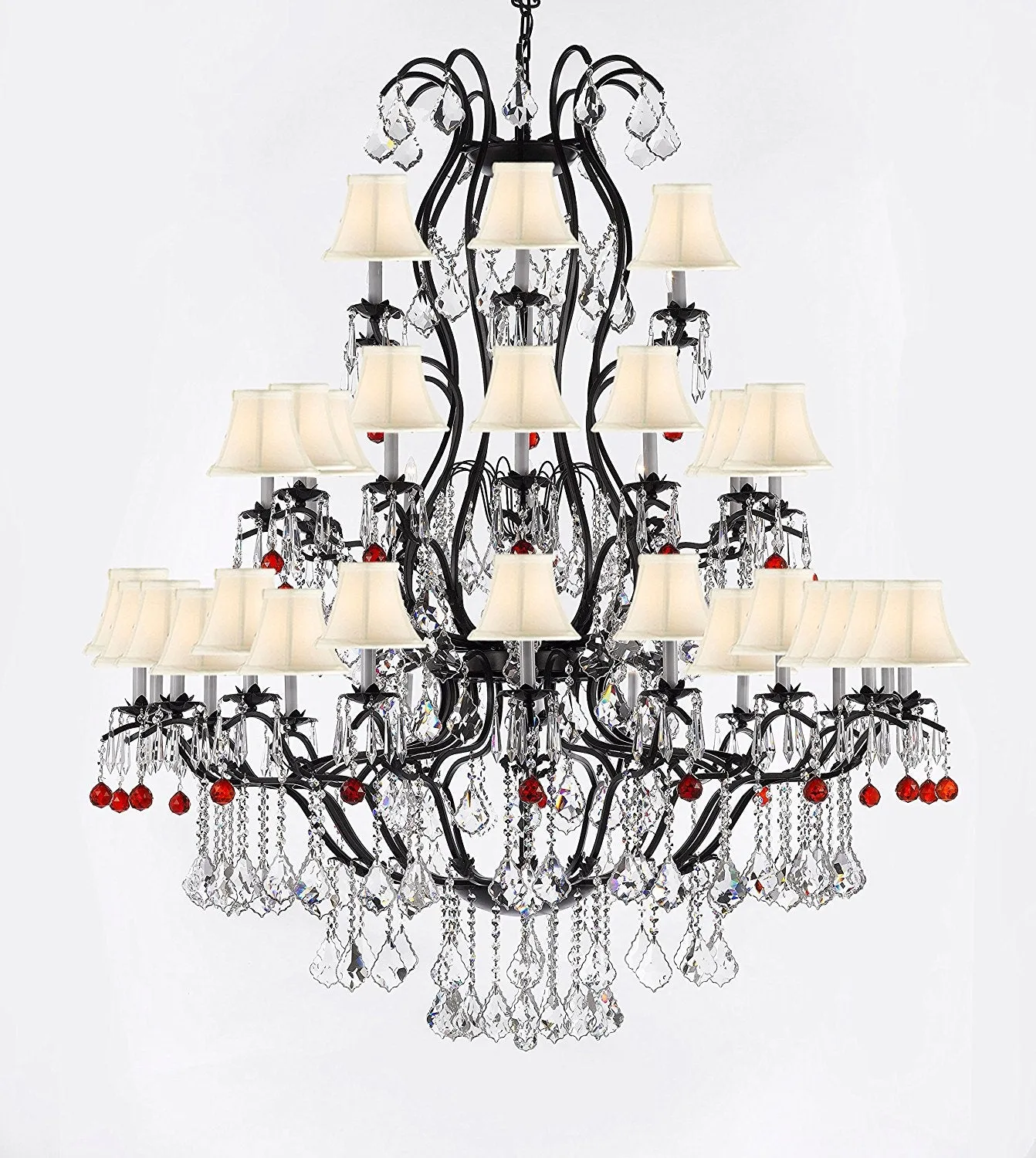 Large Wrought Iron Chandelier Chandeliers Lighting With Ruby Red Crystal Balls H60" x W52" - Great for the Entryway, Foyer, Family Room, Living Room w/White Shades - A83-B96/WHITESHADES/3031/36