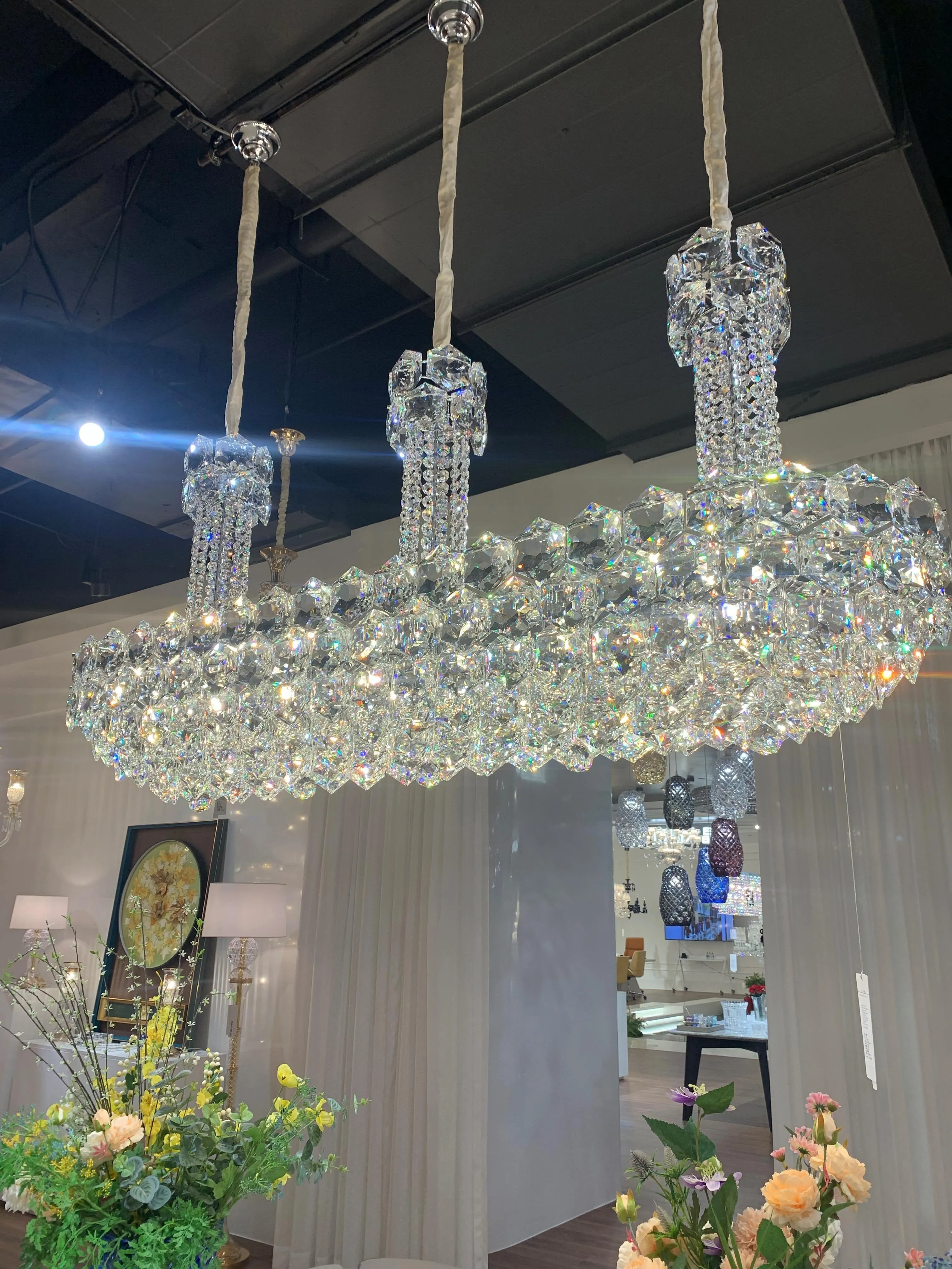 Luxury Linear Hexagonal Crystal Chandelier for Dining Room